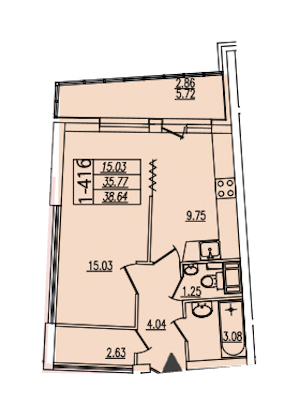 1-комнатная квартира 38.64 м², 9/25 эт., ЖК «Байрон»