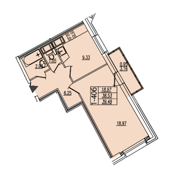 1-комнатная квартира 39.48 м², 19/22 эт., ЖК «Байрон»