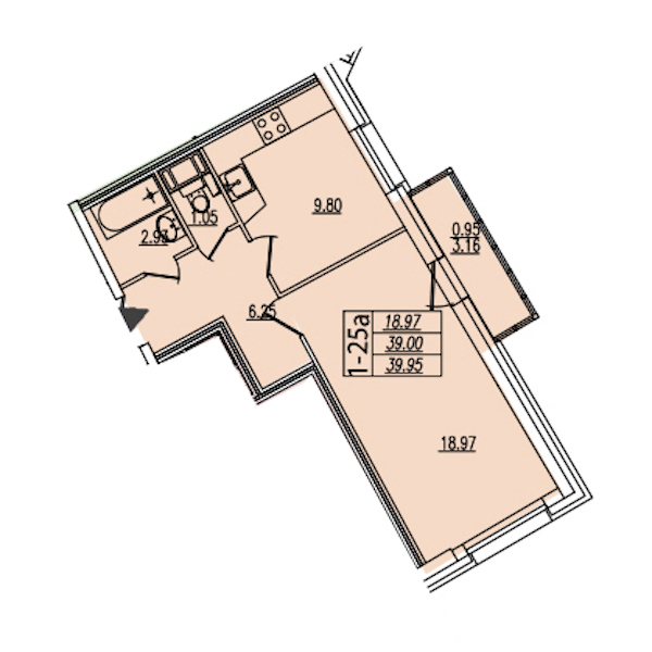 1-комнатная квартира 39.95 м², 12/22 эт., ЖК «Байрон»