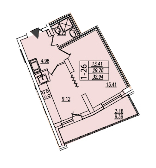 1-комнатная квартира 32.94 м², 8/22 эт., ЖК «Байрон»