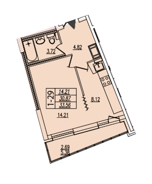 1-комнатная квартира 33.56 м², 8/22 эт., ЖК «Байрон»