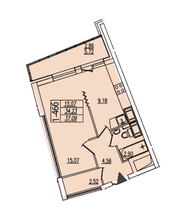 1-комнатная квартира 37.09 м², 15/22 эт., ЖК «Байрон»