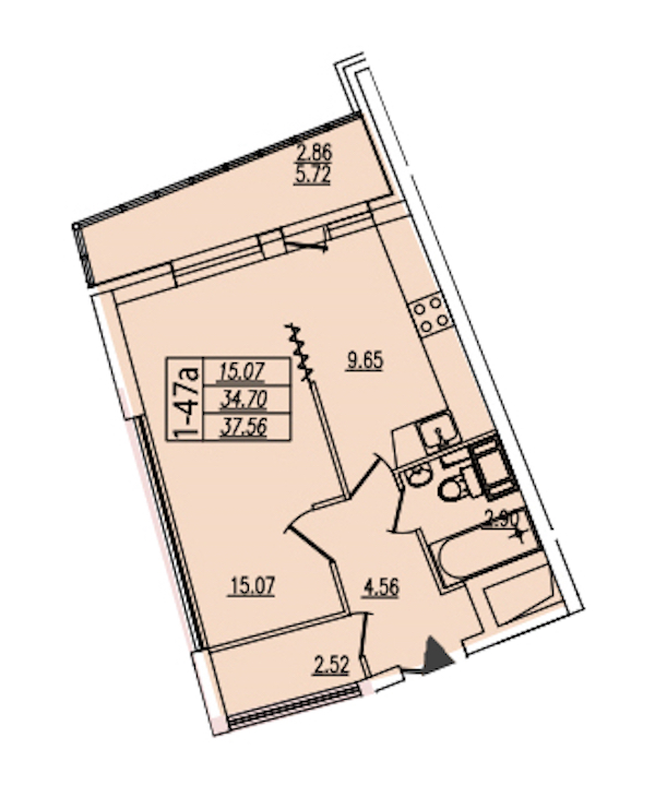 1-комнатная квартира 37.56 м², 13/22 эт., ЖК «Байрон»