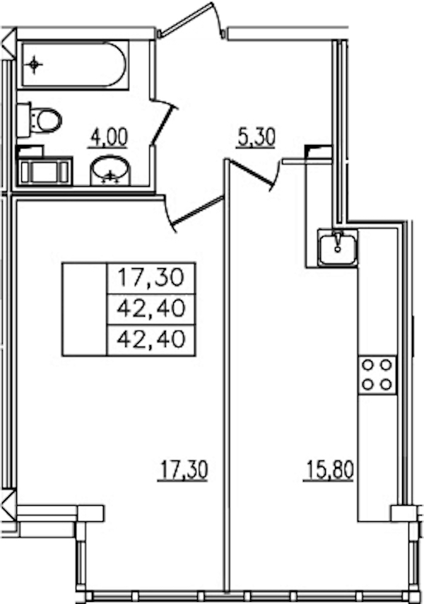 1-комнатная квартира 42.4 м², 4/6 эт., ЖК «Байрон»