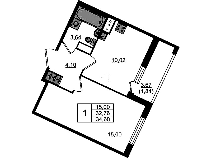 1-комнатная квартира 34.6 м², 6/8 эт., ЖК «Сандэй»