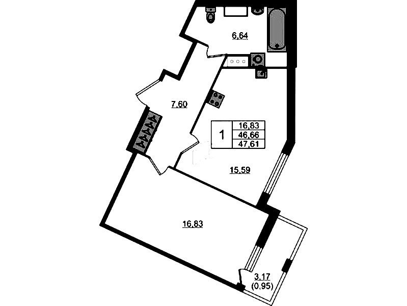 1-комнатная квартира 47.61 м², 2/8 эт., ЖК «Сандэй»