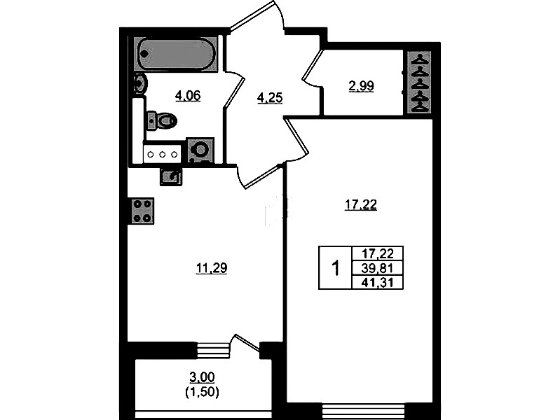 1-комнатная квартира 41.31 м², 2/8 эт., ЖК «Сандэй»