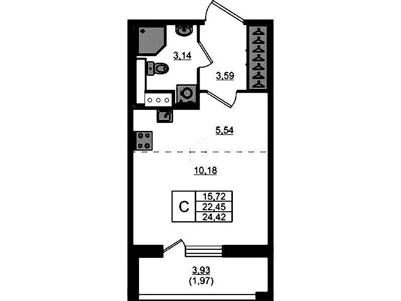Квартира студия 24.42 м², 4/8 эт., ЖК «Сандэй»