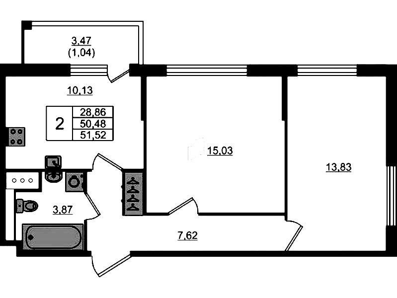 2-комнатная квартира 51.52 м², 2/10 эт., ЖК «Сандэй»