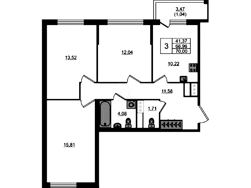 3-комнатная квартира 70 м², 5/10 эт., ЖК «Сандэй»