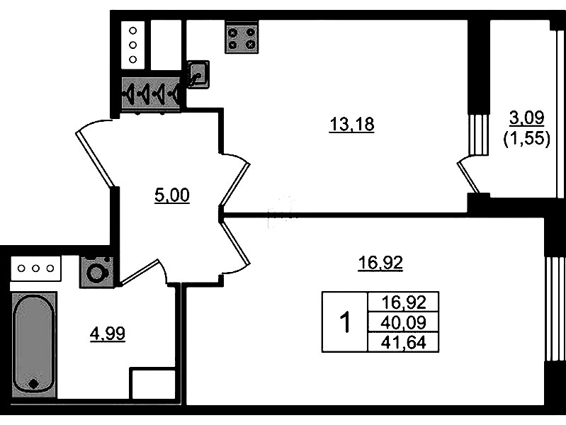 1-комнатная квартира 41.64 м², 9/10 эт., ЖК «Сандэй»