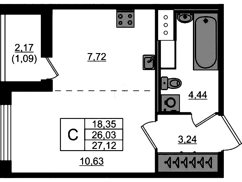Квартира студия 27.12 м², 9/10 эт., ЖК «Сандэй»