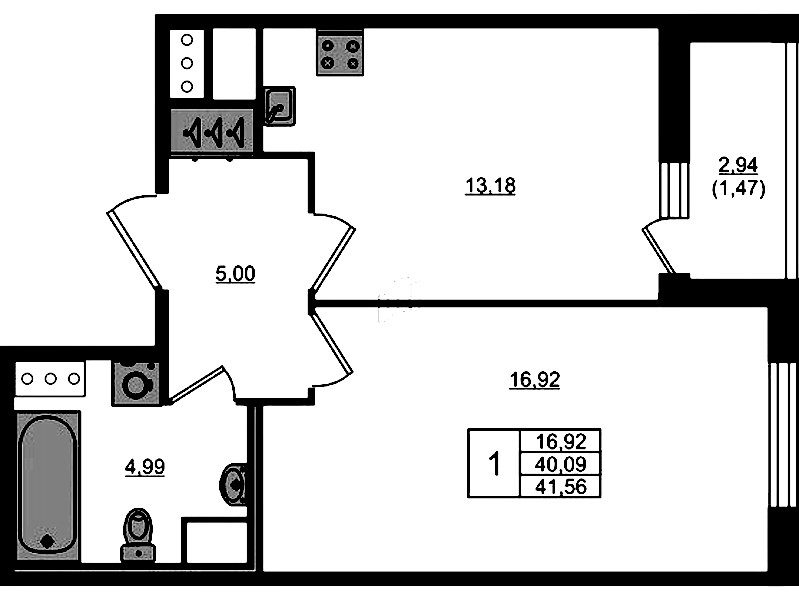 1-комнатная квартира 41.56 м², 4/10 эт., ЖК «Сандэй»