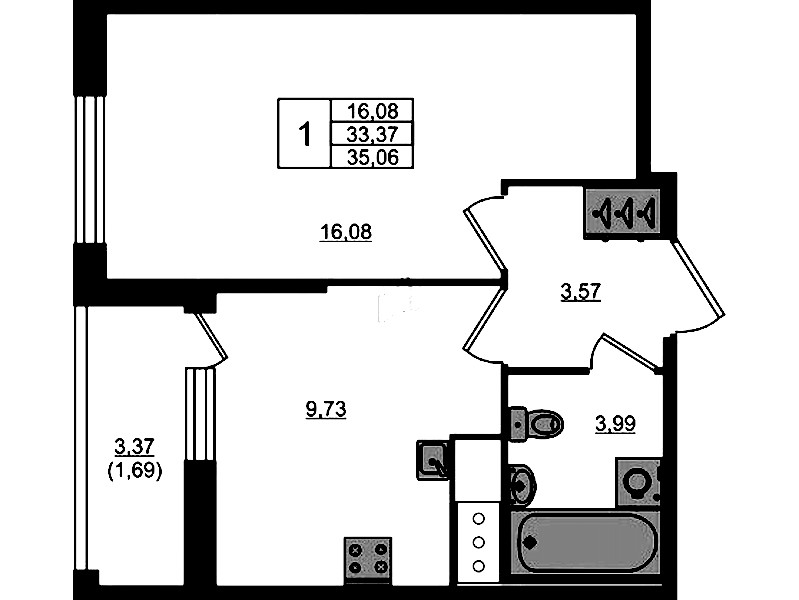1-комнатная квартира 35.06 м², 8/10 эт., ЖК «Сандэй»