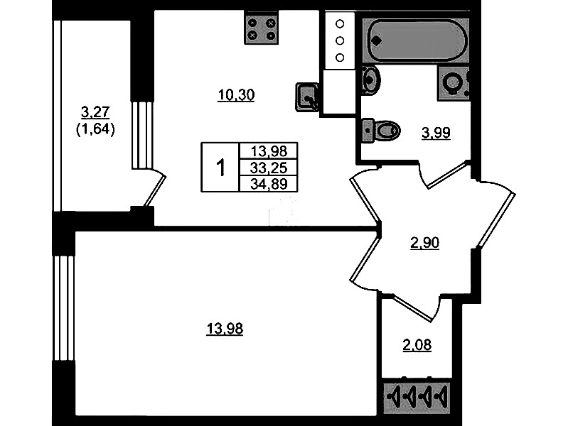 1-комнатная квартира 34.89 м², 9/10 эт., ЖК «Сандэй»