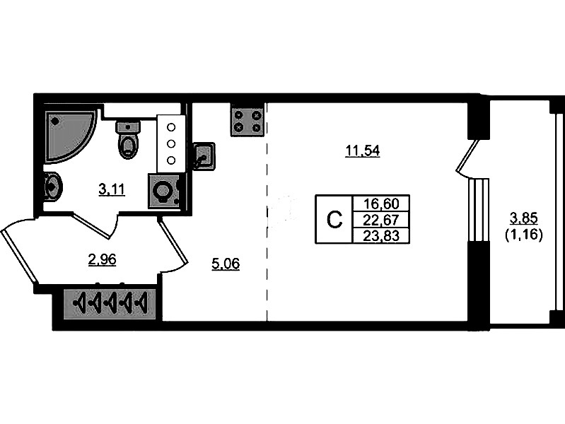 Квартира студия 23.83 м², 10/10 эт., ЖК «Сандэй»