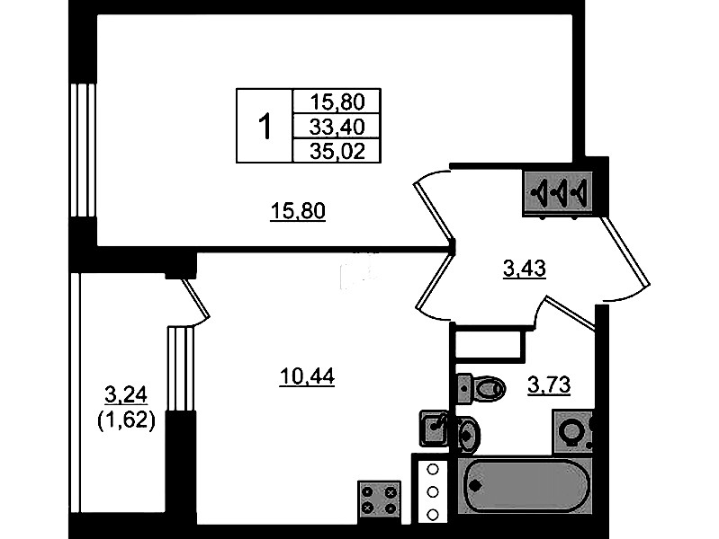 1-комнатная квартира 35.02 м², 2/17 эт., ЖК «Сандэй»
