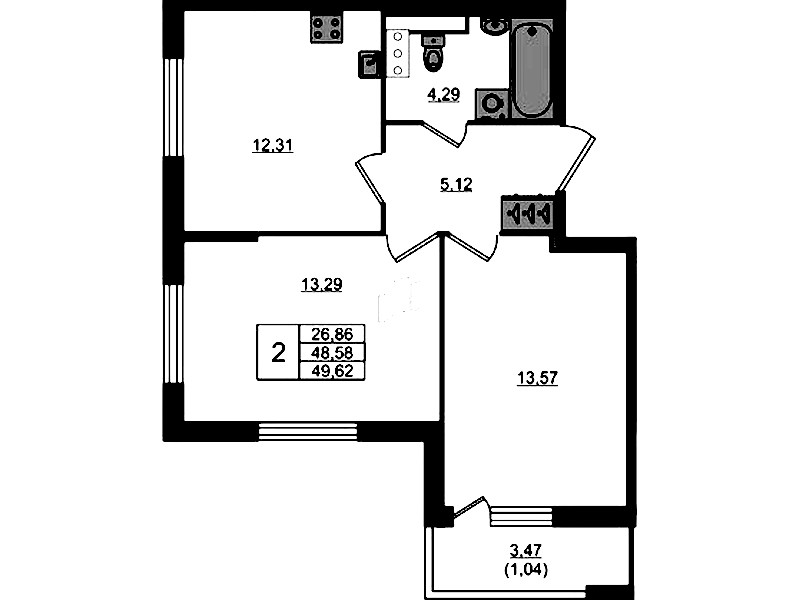 2-комнатная квартира 49.62 м², 4/17 эт., ЖК «Сандэй»