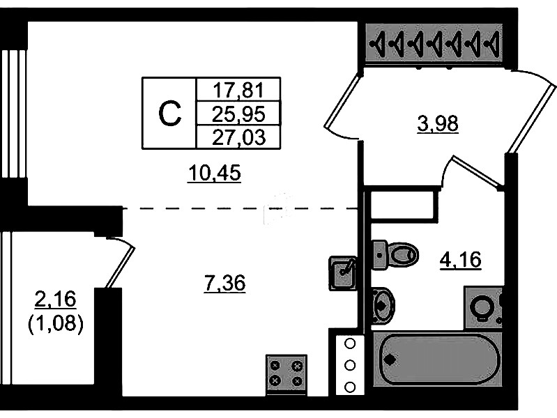 Квартира студия 27.03 м², 4/17 эт., ЖК «Сандэй»