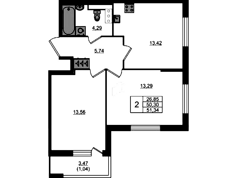 2-комнатная квартира 51.34 м², 9/17 эт., ЖК «Сандэй»