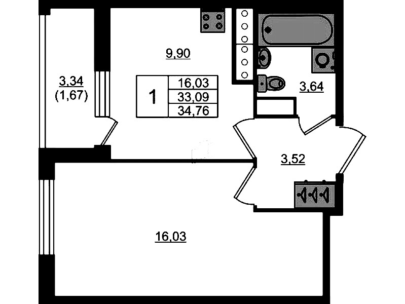 1-комнатная квартира 34.76 м², 10/17 эт., ЖК «Сандэй»
