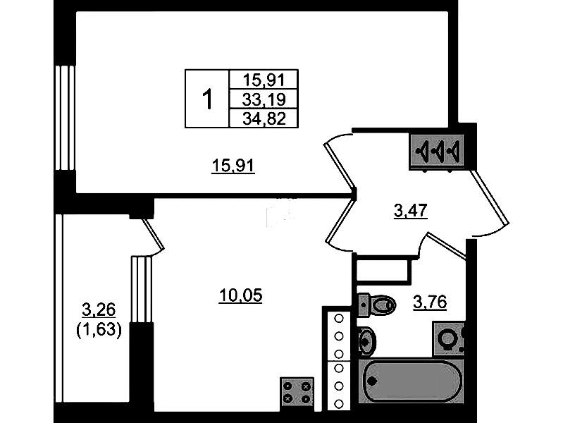 1-комнатная квартира 34.82 м², 11/17 эт., ЖК «Сандэй»