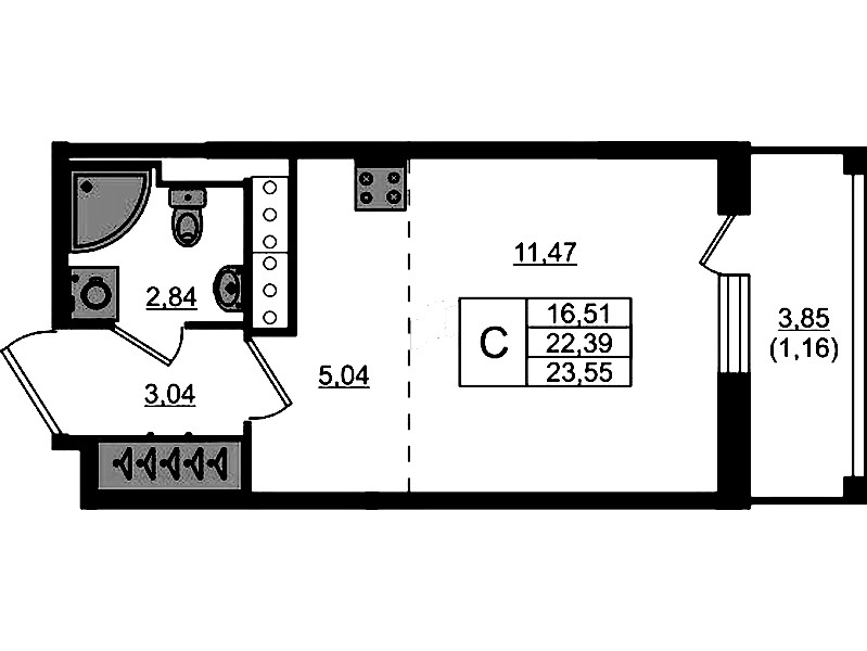 Квартира студия 23.55 м², 11/17 эт., ЖК «Сандэй»