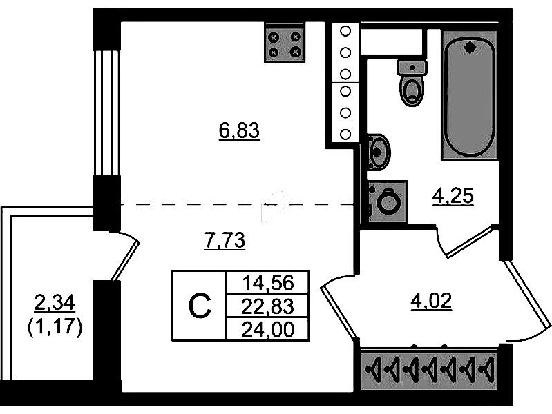 Квартира студия 24 м², 15/17 эт., ЖК «Сандэй»