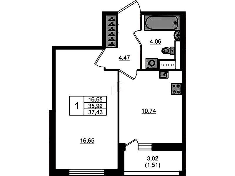 1-комнатная квартира 37.43 м², 7/7 эт., ЖК «Сандэй»