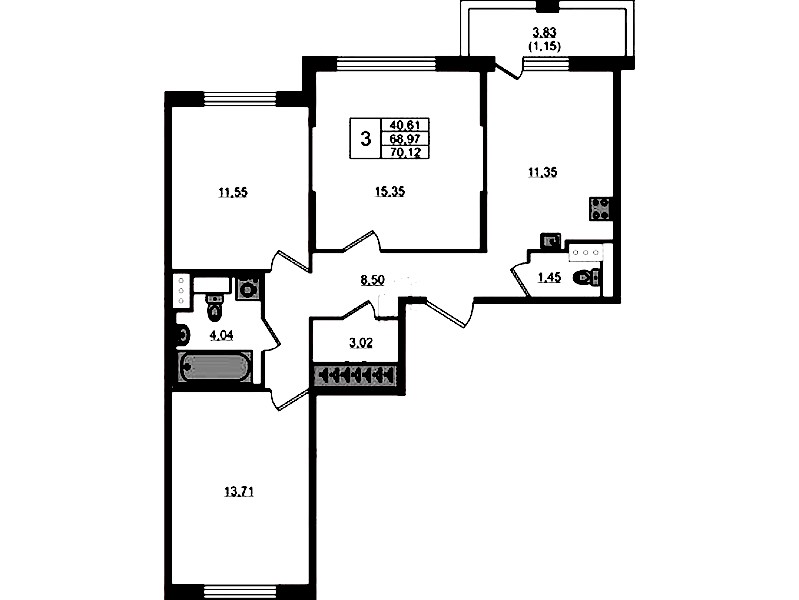 3-комнатная квартира 70.12 м², 6/7 эт., ЖК «Сандэй»