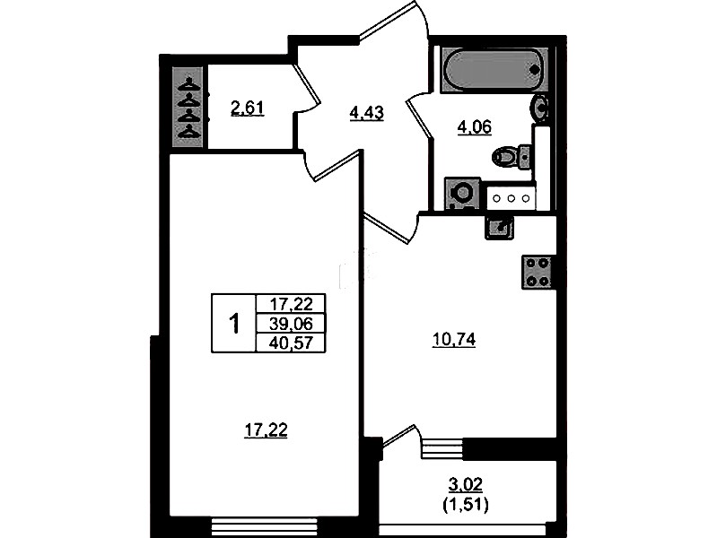 1-комнатная квартира 40.57 м², 7/7 эт., ЖК «Сандэй»