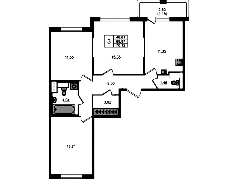 3-комнатная квартира 70.12 м², 6/7 эт., ЖК «Сандэй»