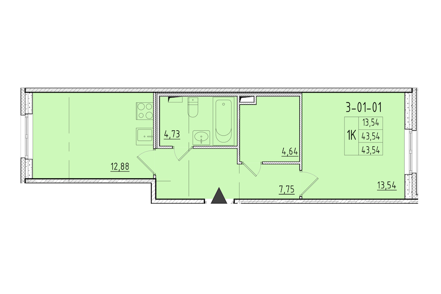 1-комнатная квартира 43.54 м², 1/8 эт., ЖК «Астрид»
