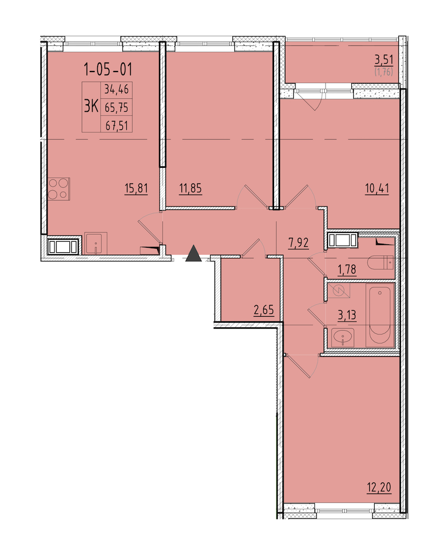 3-комнатная квартира 67.51 м², 5/8 эт., ЖК «Астрид»