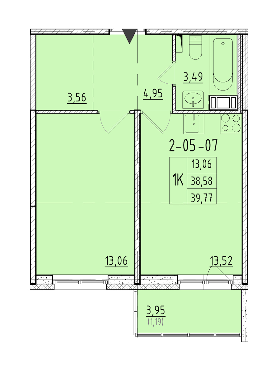 1-комнатная квартира 39.77 м², 5/8 эт., ЖК «Астрид»