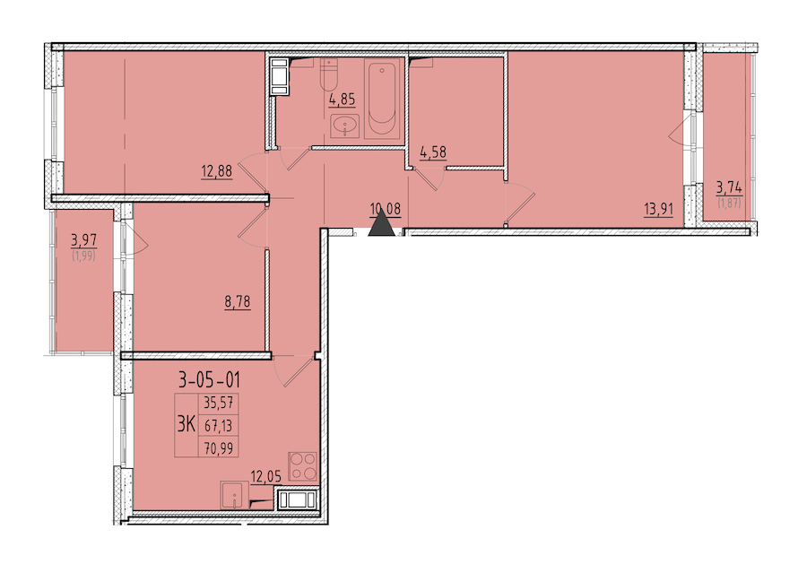 3-комнатная квартира 70.99 м², 5/8 эт., ЖК «Астрид»