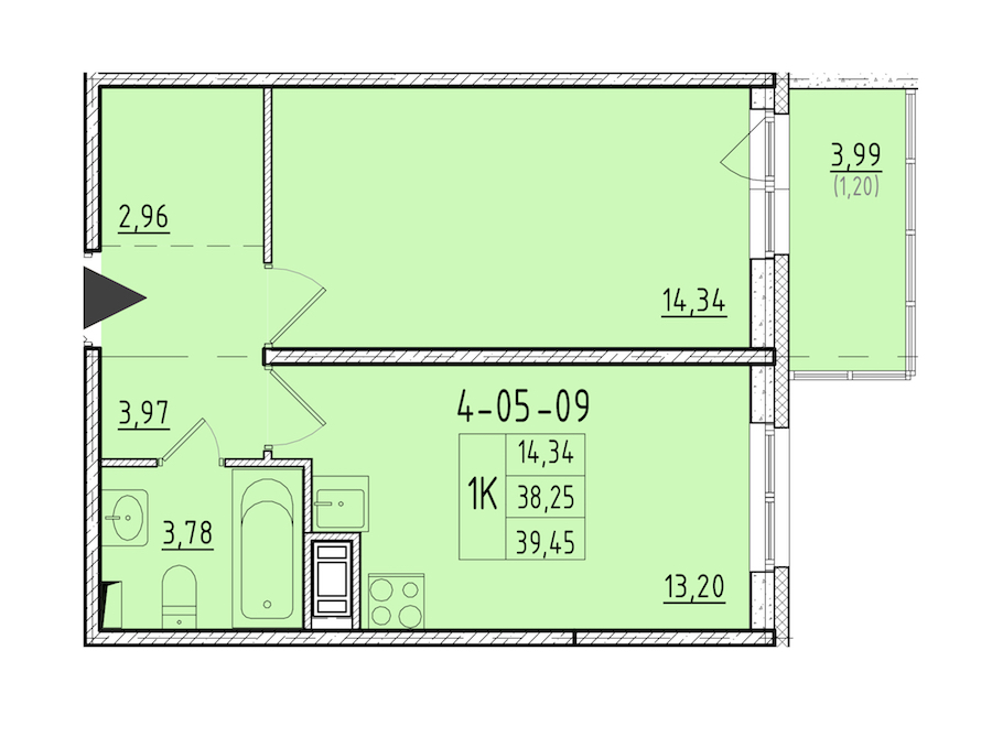 1-комнатная квартира 39.45 м², 5/8 эт., ЖК «Астрид»