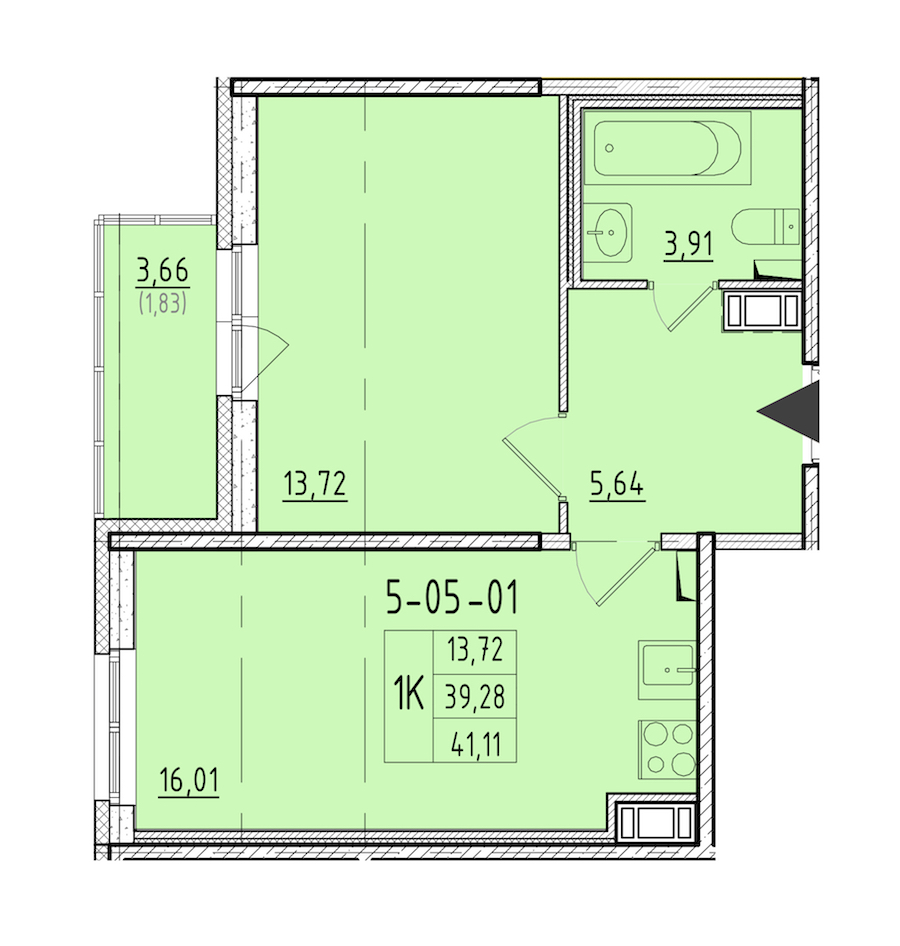 1-комнатная квартира 41.11 м², 3/8 эт., ЖК «Астрид»
