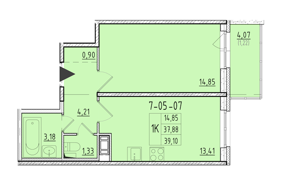 1-комнатная квартира 39.1 м², 8/8 эт., ЖК «Астрид»