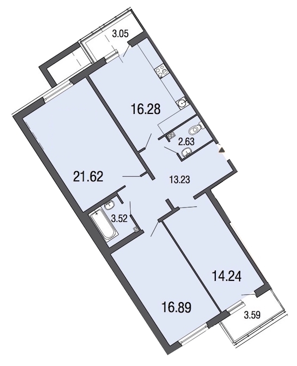 3-комнатная квартира 88.4 м², 1/4 эт., ЖК «EcoCity»