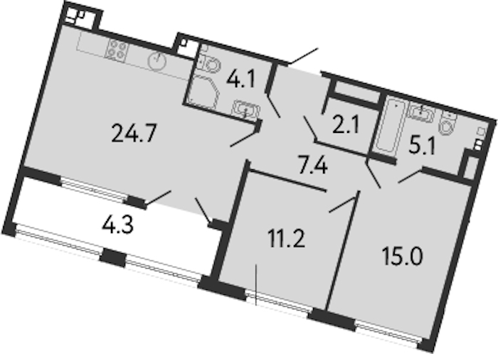 2-комнатная квартира 69.3 м², 3/8 эт., Клубный дом «МИРЪ»