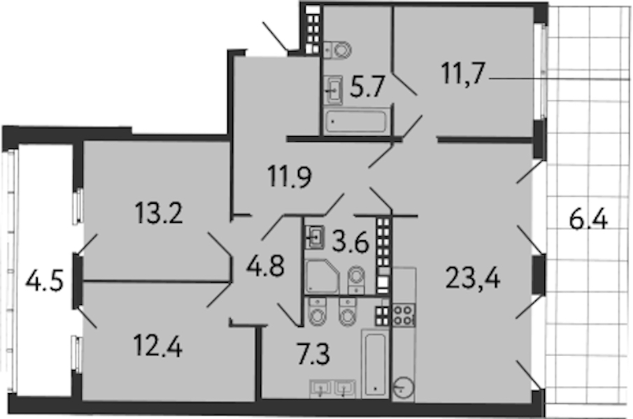 3-комнатная квартира 94 м², 8/8 эт., Клубный дом «МИРЪ»