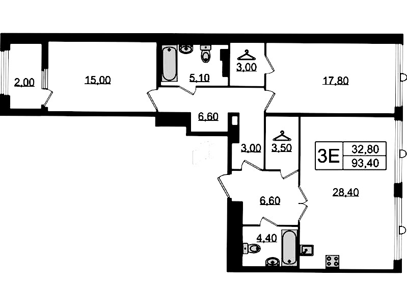 2-комнатная квартира 93.4 м², 6/8 эт., Клубный дом «МИРЪ»