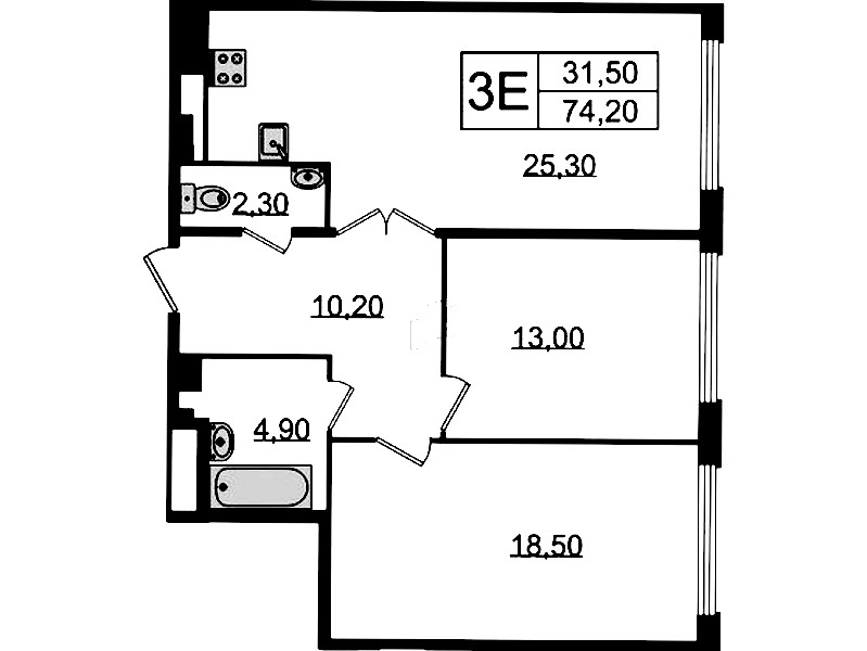 2-комнатная квартира 74.2 м², 5/9 эт., Клубный дом «МИРЪ»