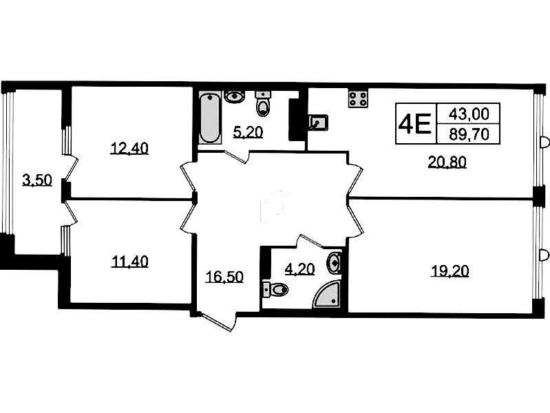 3-комнатная квартира 89.7 м², 6/9 эт., Клубный дом «МИРЪ»