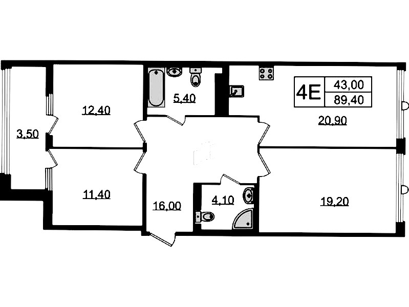 3-комнатная квартира 89.4 м², 7/9 эт., Клубный дом «МИРЪ»