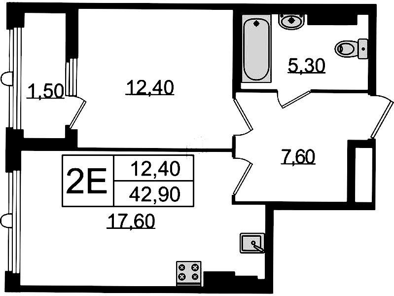 1-комнатная квартира 42.9 м², 7/9 эт., Клубный дом «МИРЪ»