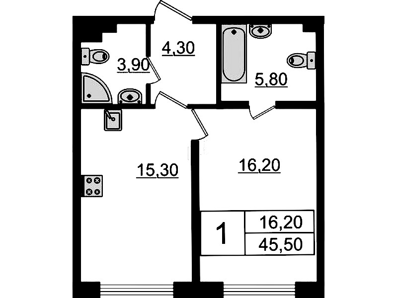 1-комнатная квартира 45.5 м², 3/8 эт., Клубный дом «МИРЪ»