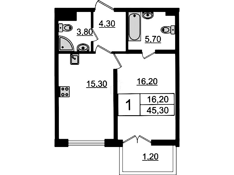 1-комнатная квартира 45.3 м², 4/8 эт., Клубный дом «МИРЪ»