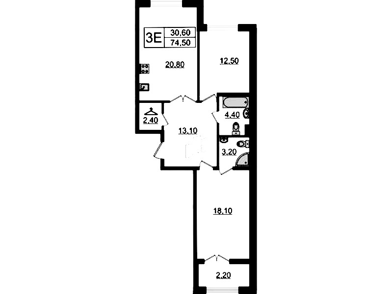 2-комнатная квартира 74.5 м², 5/8 эт., Клубный дом «МИРЪ»